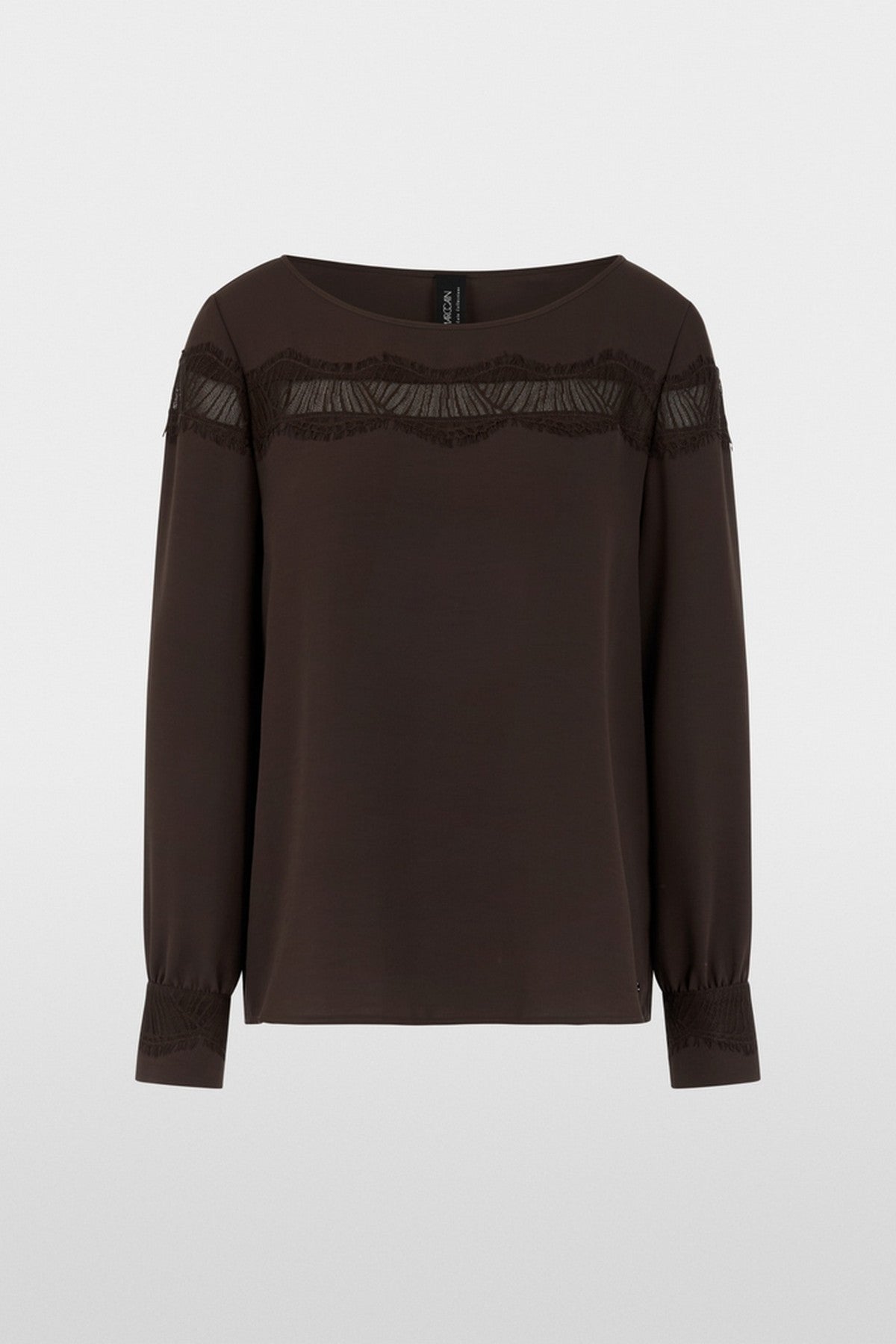 BC5122W90 Marc Cain blouse met kant in Seal Brown en lange mouwen