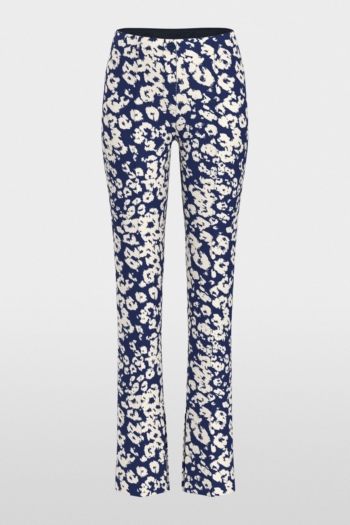 BC8135J41 Marc Cain SYDNEY broek in Midnight Sail met slim fit en all-over dierenprint