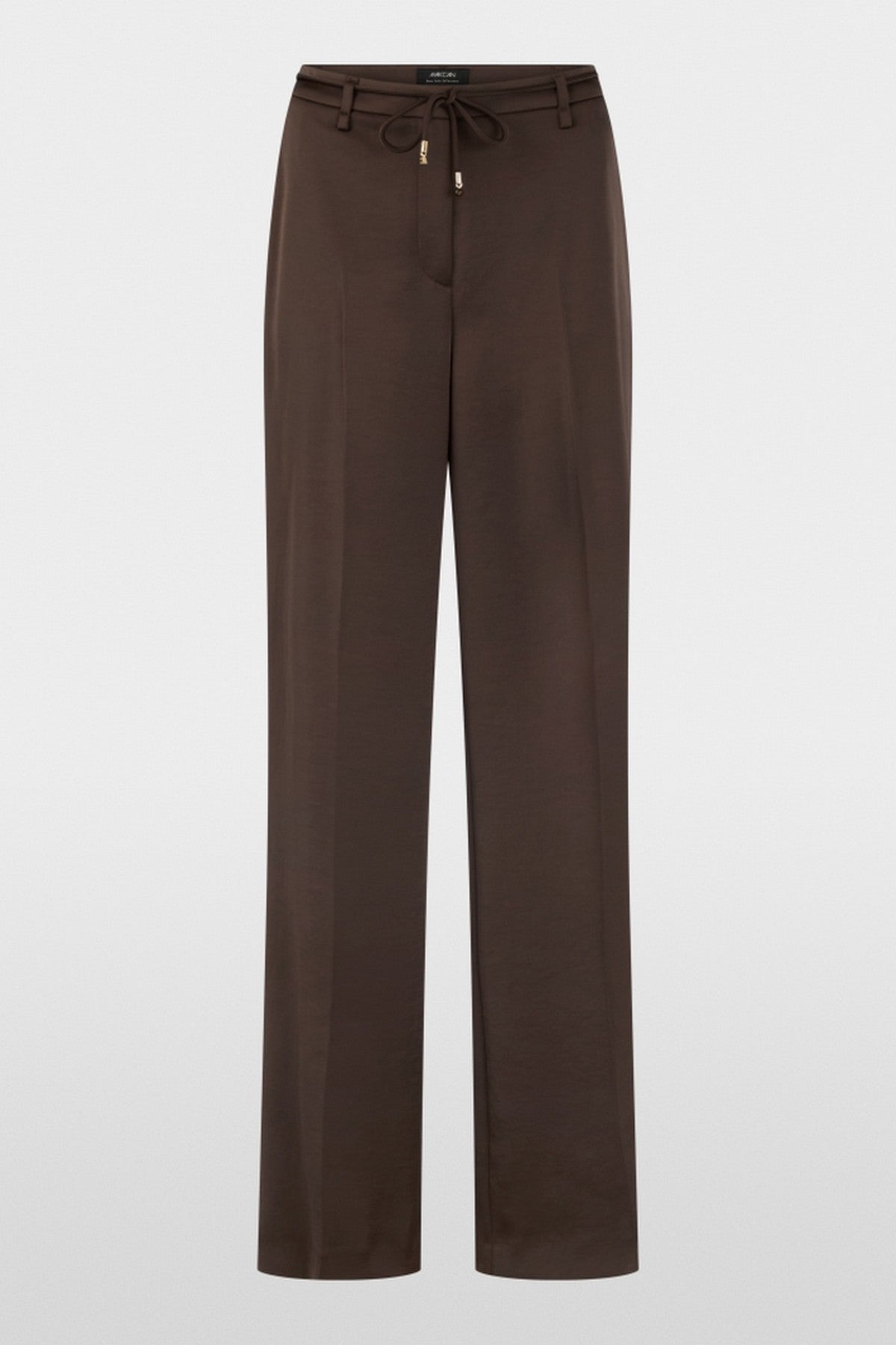 BC8141W60 Marc Cain WARRI broek in Seal Brown met glanzende stof, hoge taille en wide fit
