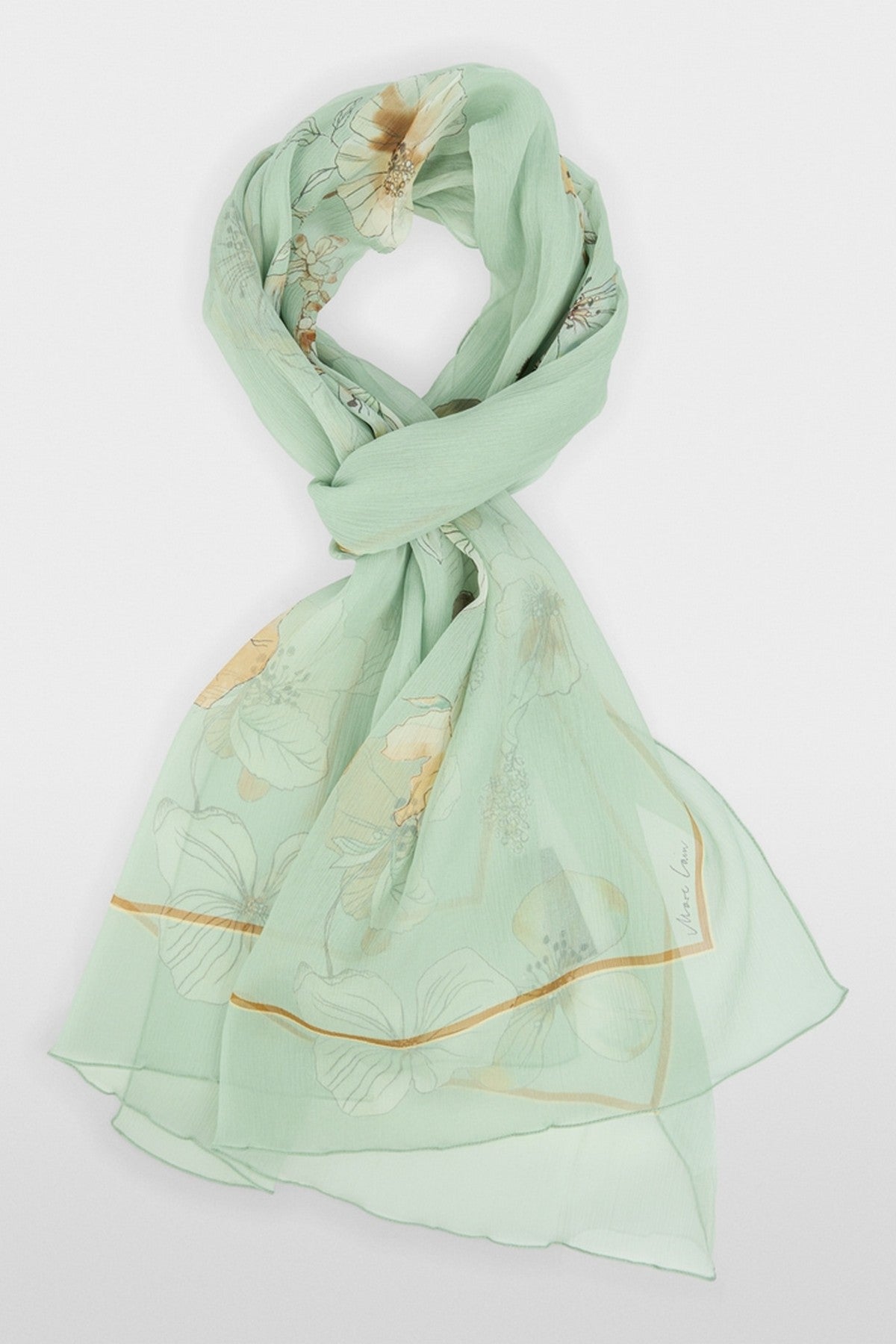 BCB415Z56 Marc Cain zijden sjaal in Silt Green met bloemenprint en subtiel Marc Cain-logo
