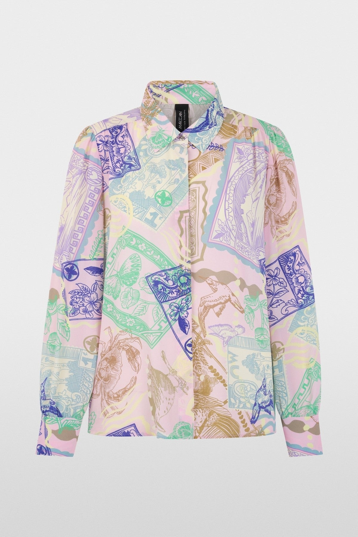 Marc Cain Collections zijden overhemdblouse met stempelprint in pink tulle.