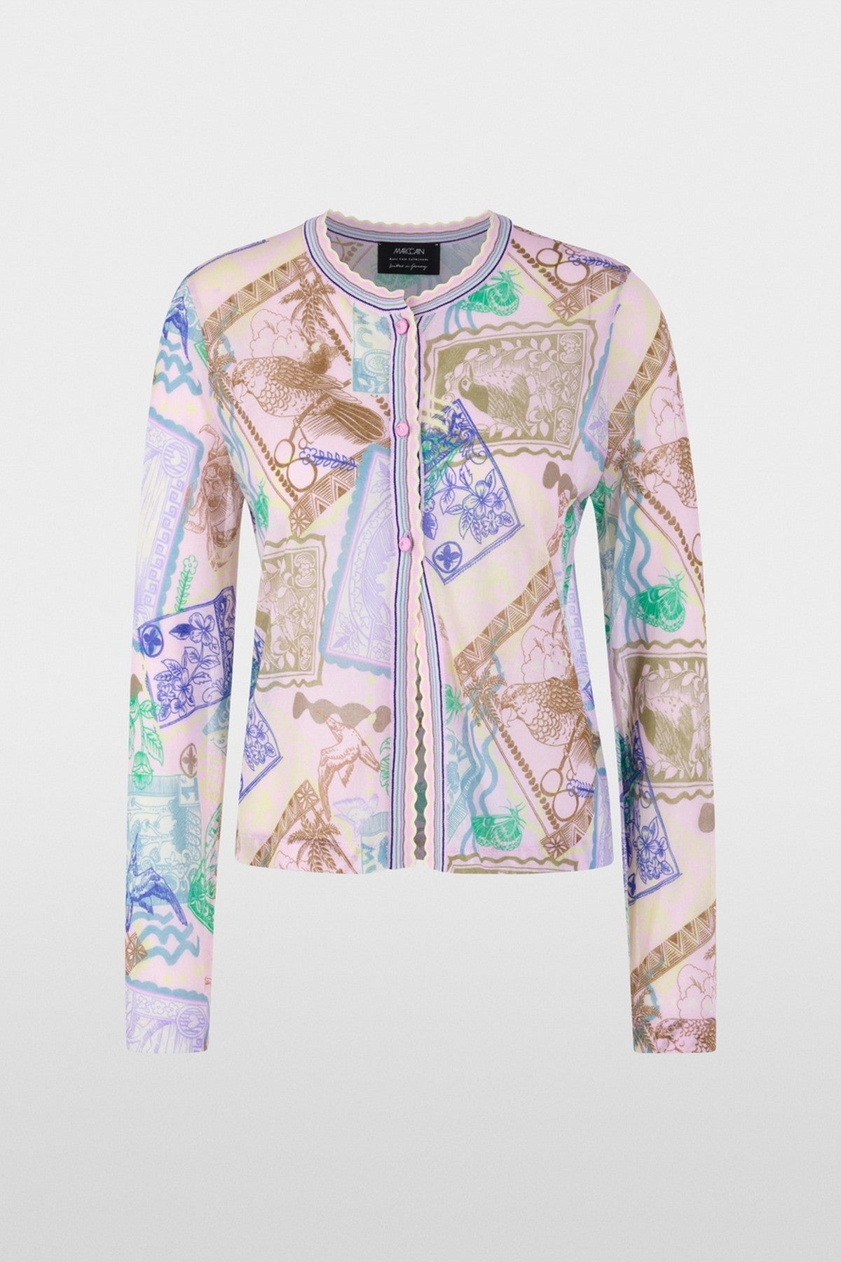 Marc Cain Collections bedrukte cardigan pink tulle met stempelprint en ronde hals.