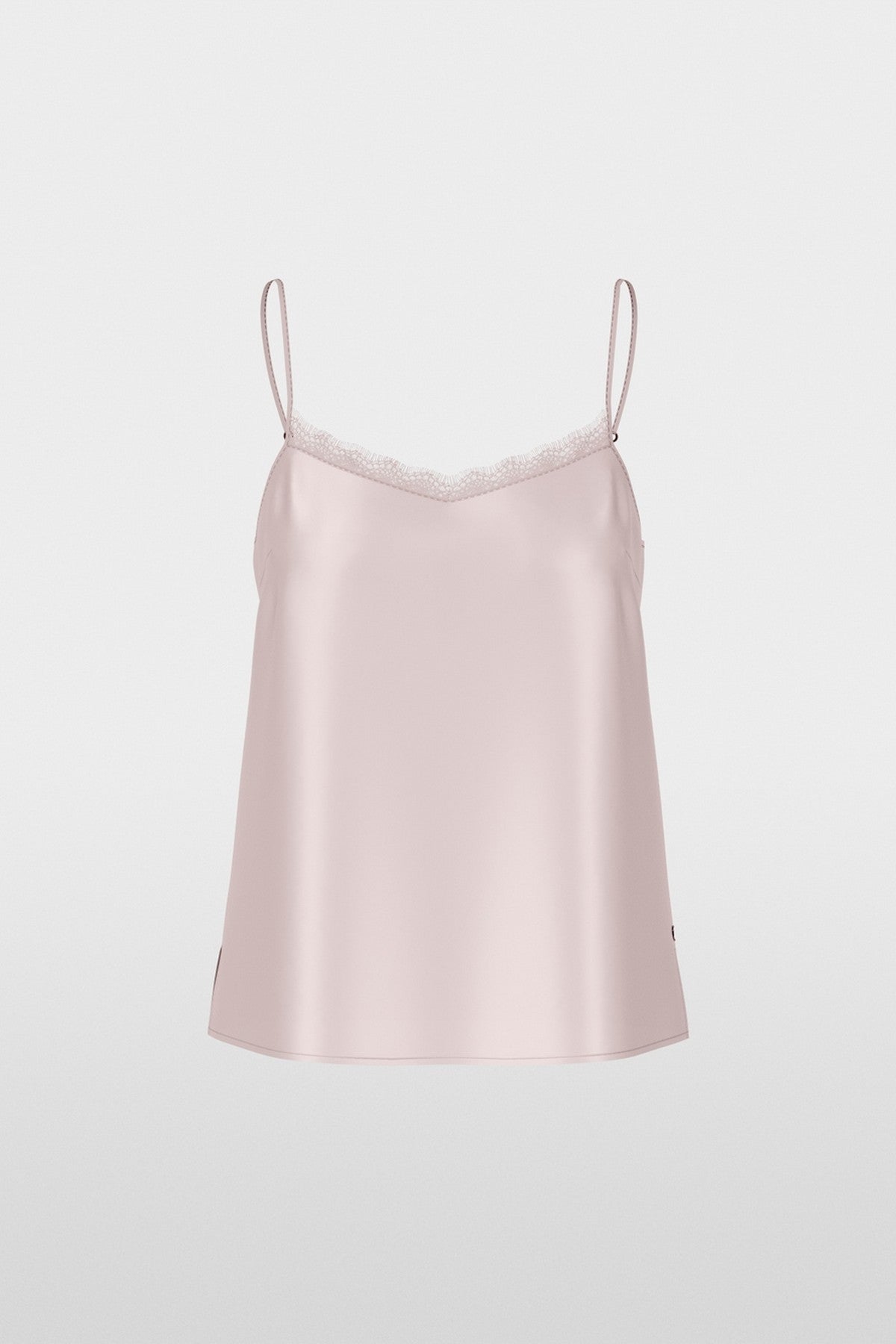 Delicate top van 100% zijde met kanten inzet aan de V-hals, verstelbare bandjes, coupenaden en licht A-lijn silhouet. Vrouwelijk en elegant.