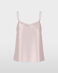 Delicate top van 100% zijde met kanten inzet aan de V-hals, verstelbare bandjes, coupenaden en licht A-lijn silhouet. Vrouwelijk en elegant.
