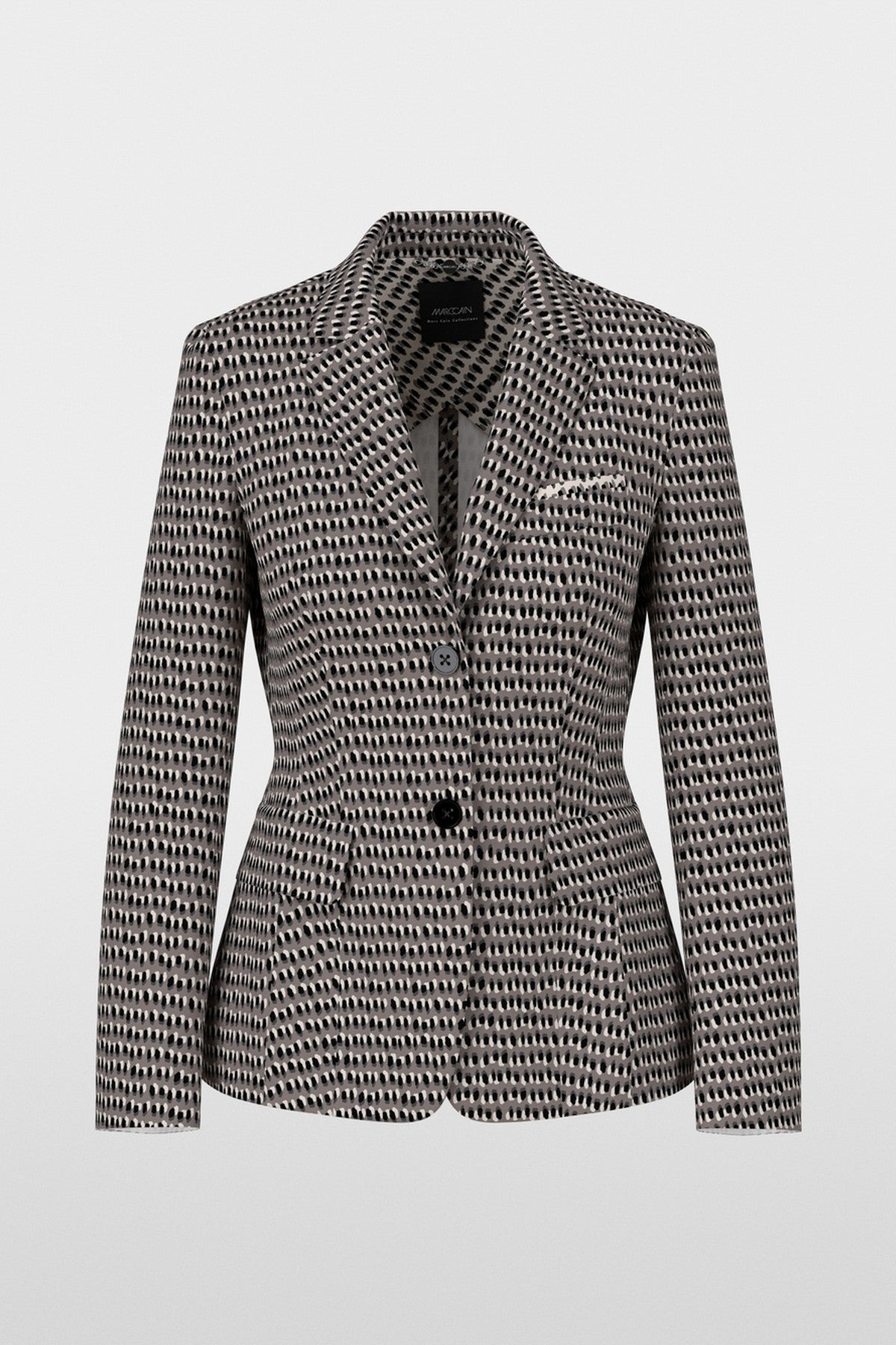 Moderne blazer met comfortabele scubajersey met trendy sprinkles-print. De getailleerde vorm, twee knopen, kleppen en de afgeronde zoom. 