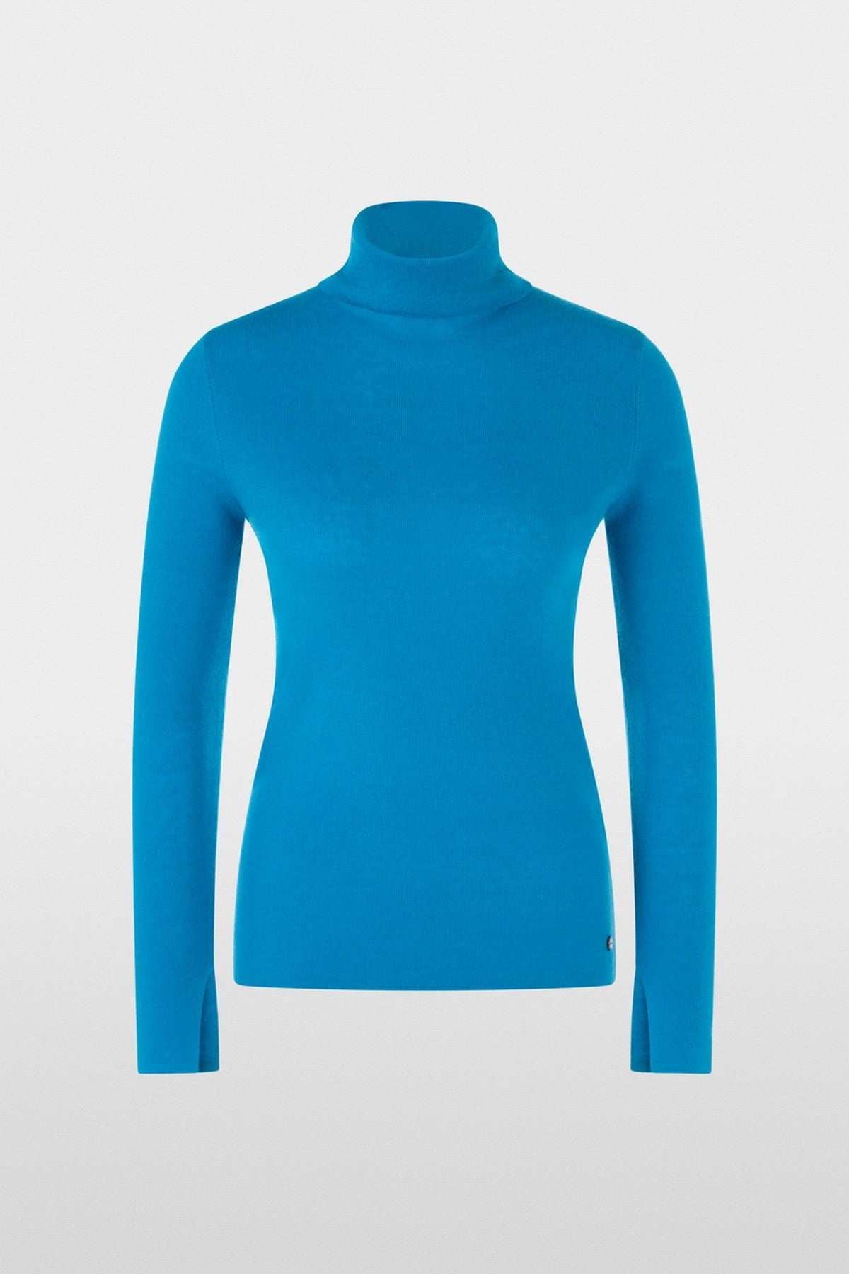 Smalle coltrui van hoogwaardige scheerwolmix met kasjmier, zacht breisel, subtiele splitjes aan mouwboorden in de kleur blaux.