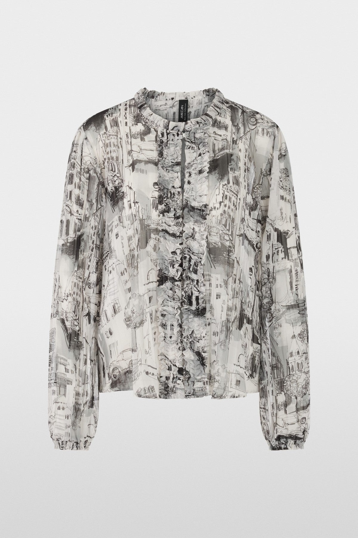 Halfdoorzichtige blouse van gerecycled polyester met handgeschreven CITY-motief, losvallende pasvorm, ronde hals, miniruches en gesmokte mouwboorden.