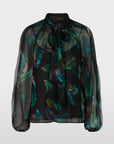 Luchtige, transparante blouse van viscose met elegante veerprint in groene en zwarte kleuren, Inclusief afknoopbare top als onderstuk. 