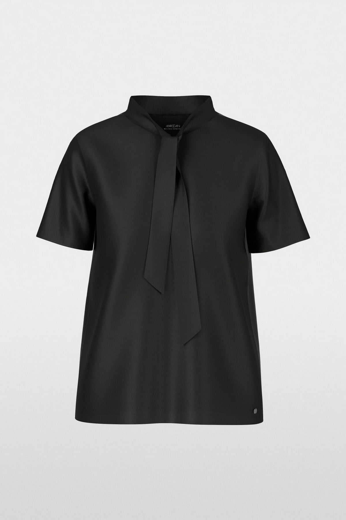T-shirtblouse van Marccain met strikdetail, glanzende zijden voorkant en zachte jersey achterkant, rechte pasvorm