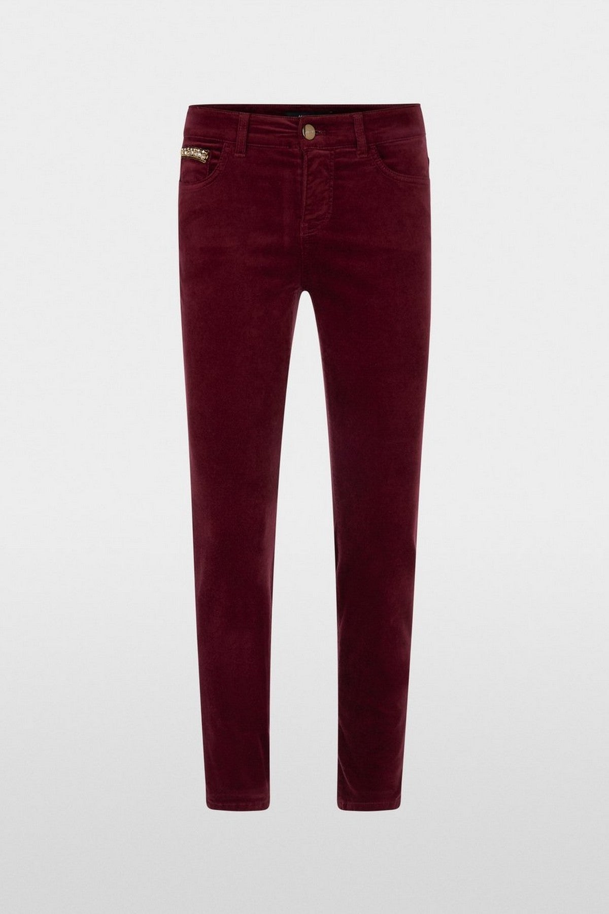 Slim fit broek SILVI van Marccain met lage taille, fluweelzachte touch en pareldetail op de rechterzak