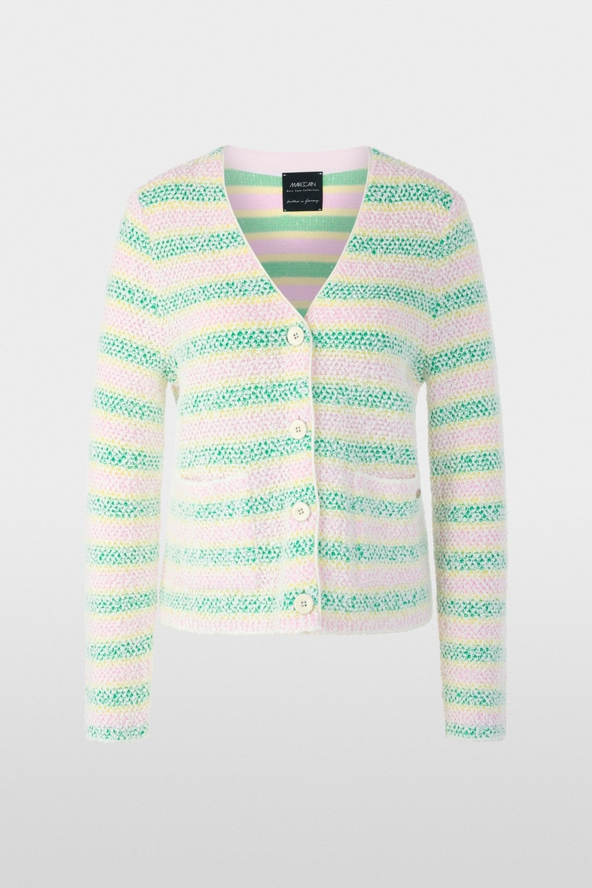 Marc Cain Collections bouclé cardigan in bright jade groen met V-hals en knoopsluiting.