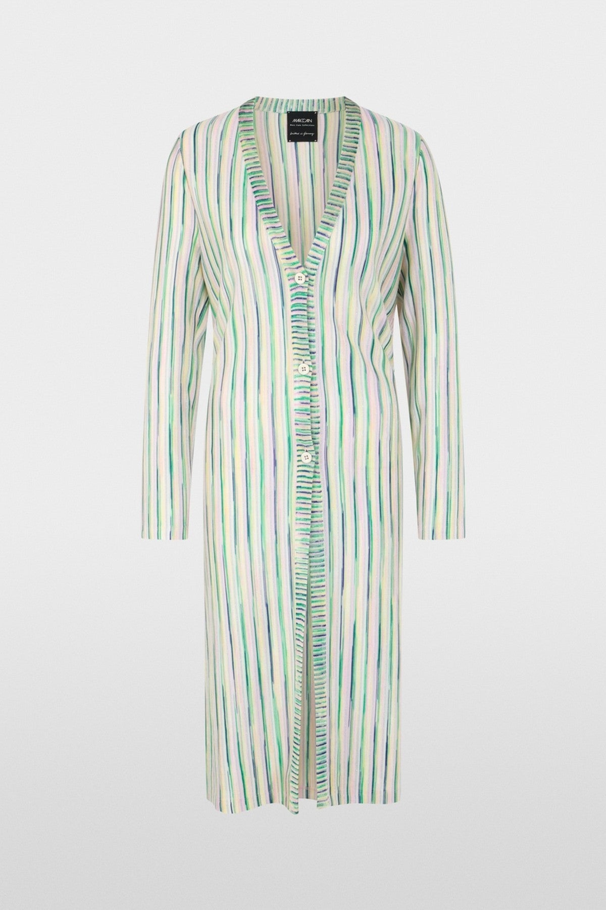 Marc Cain Collections lange gebreide jas in pink tulle met lurex glans en V-hals.