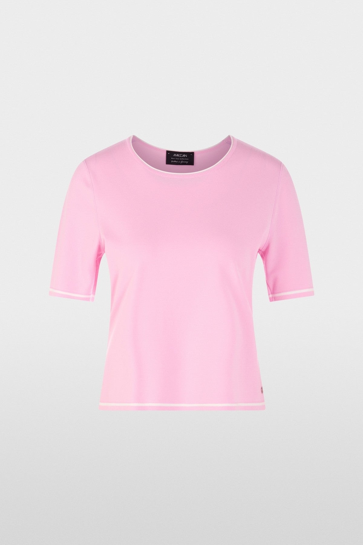 Marc Cain Collections fijn gebreide trui pink tulle met korte mouwen en ronde hals.