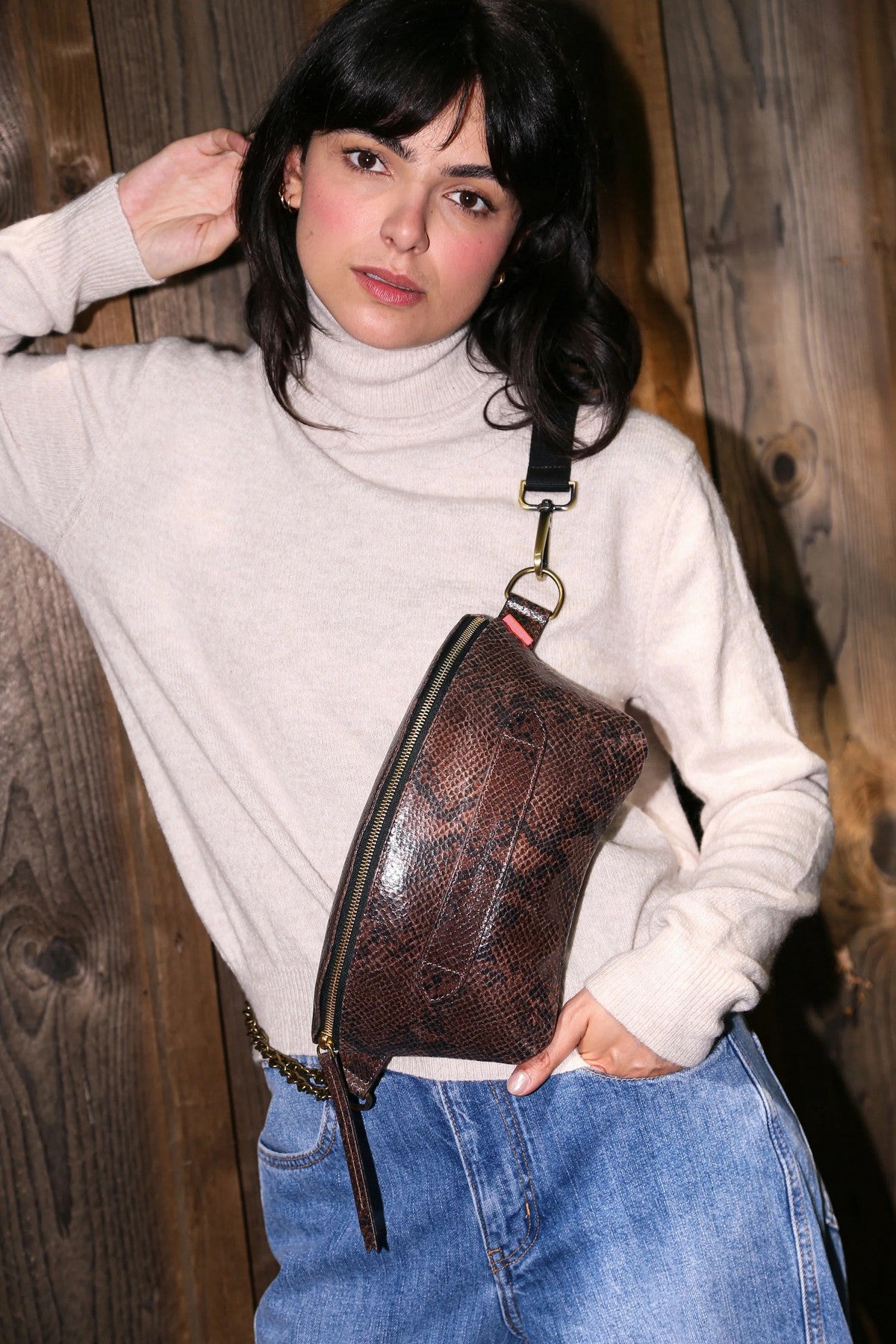 Marie Martens Coachella XL crossbody- en heuptas in Brown Pythonprint leer