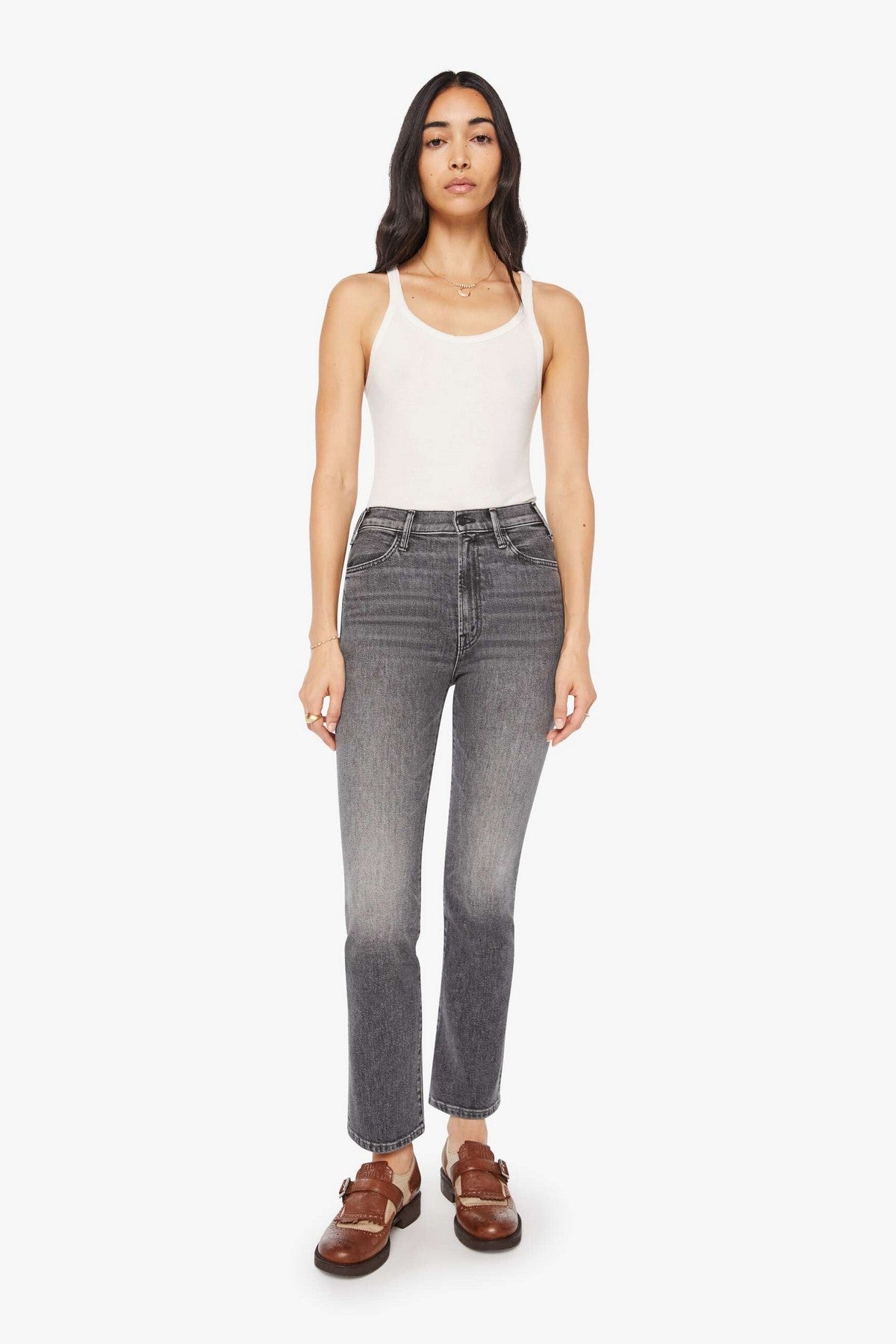 Jeans van Mother, model the hustler flood in midgrijze kleur.