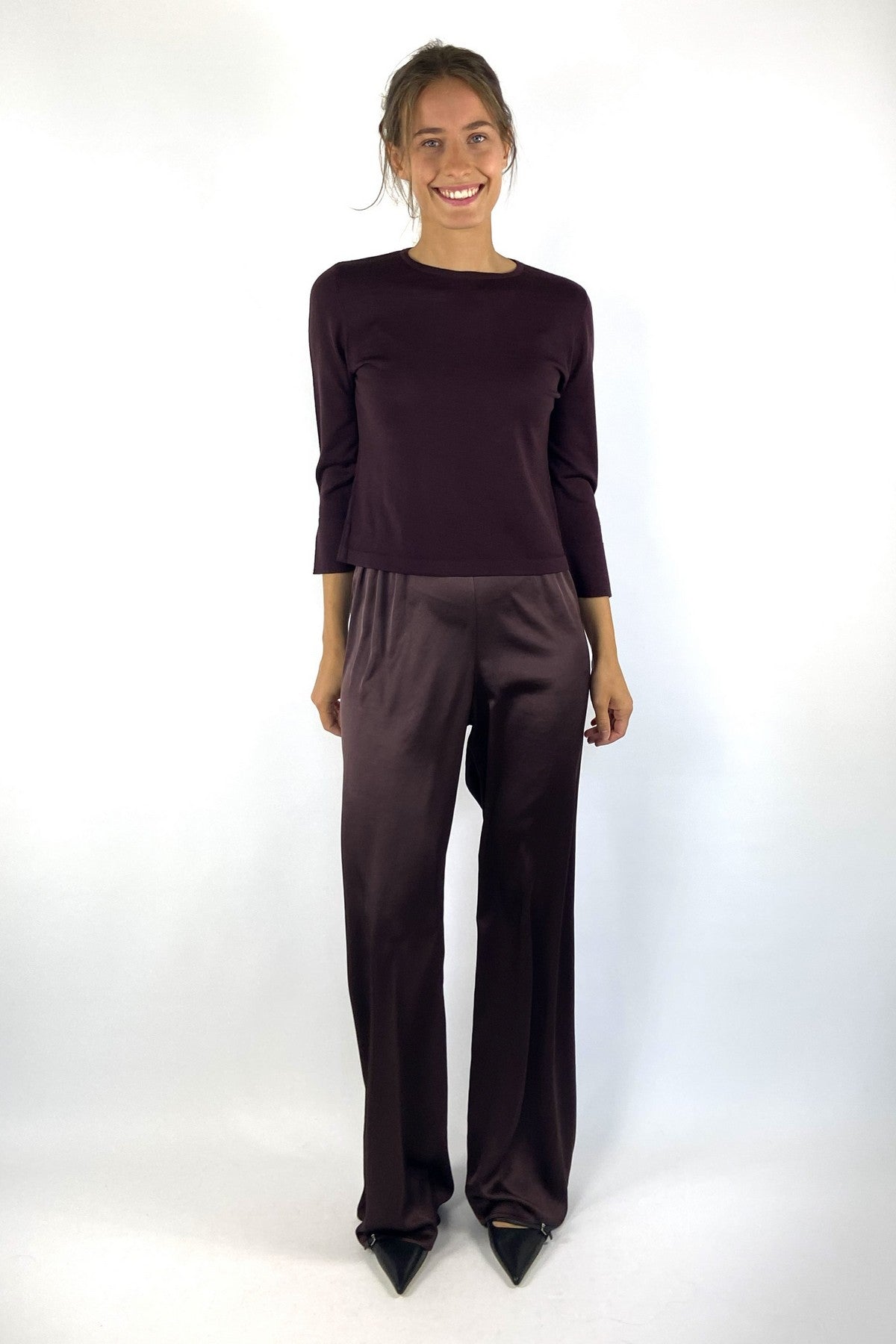 Natan Ficeo-JTBT02 satijnen wide-leg pantalon in Aubergine Foncé met elastische tailleband