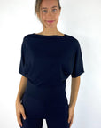 Natan Noa-persy pull 140 crêpe knit trui in Marine met 3/4-mouwen en boothals