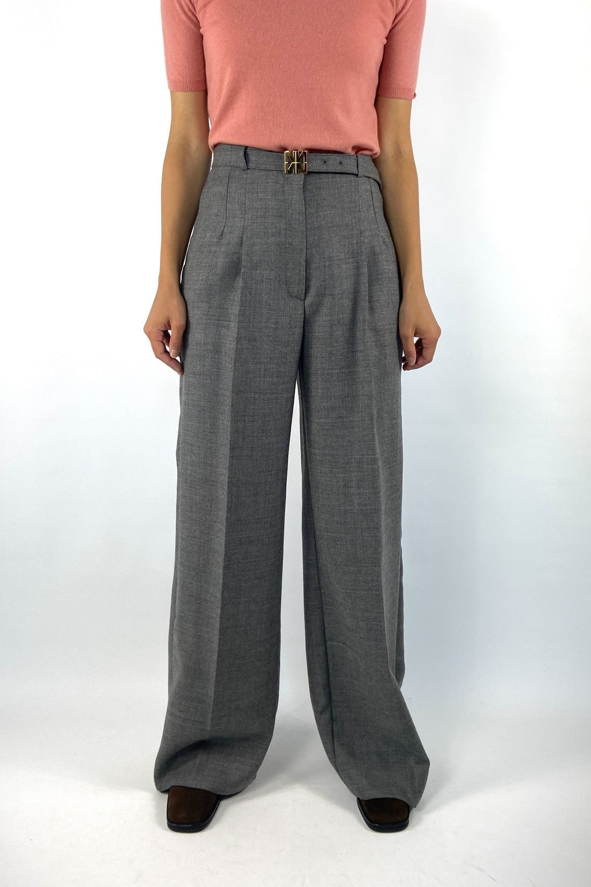 Natan Flocon-J4LAB01 wide-leg pantalon in Gris Chine van 100% scheerwol met stoffen riem