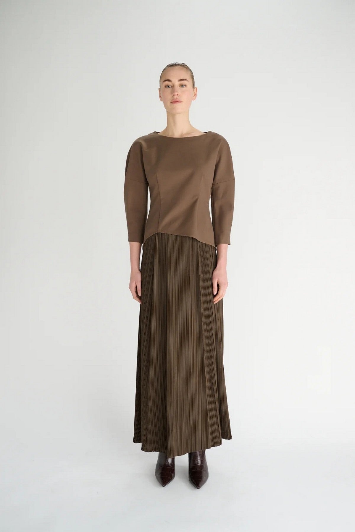 Oscar The Collection Leonore Skirt in Woodland geplisseerde maxirok in donkerbruin