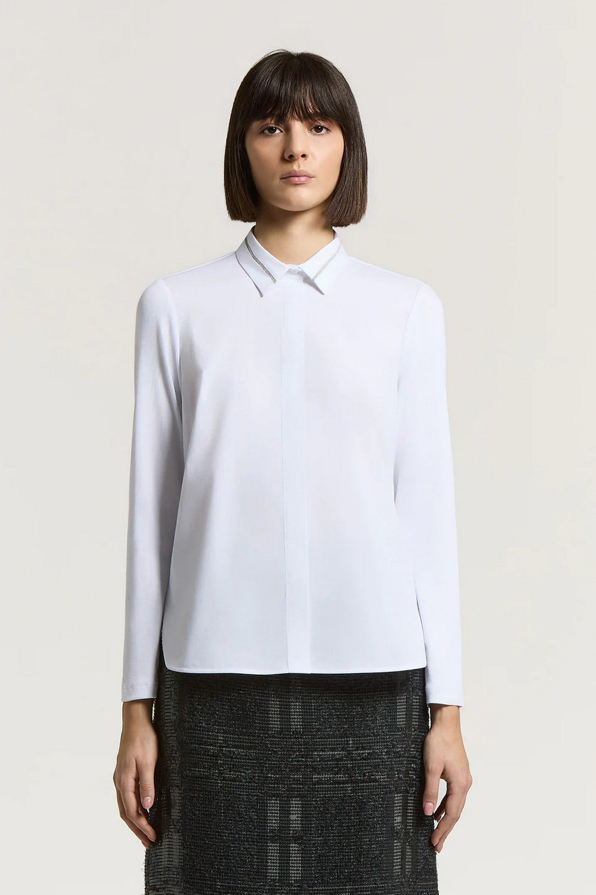 Witte Peserico popeline blouse van stretch katoen met Punto Luce-detail en slim fit
