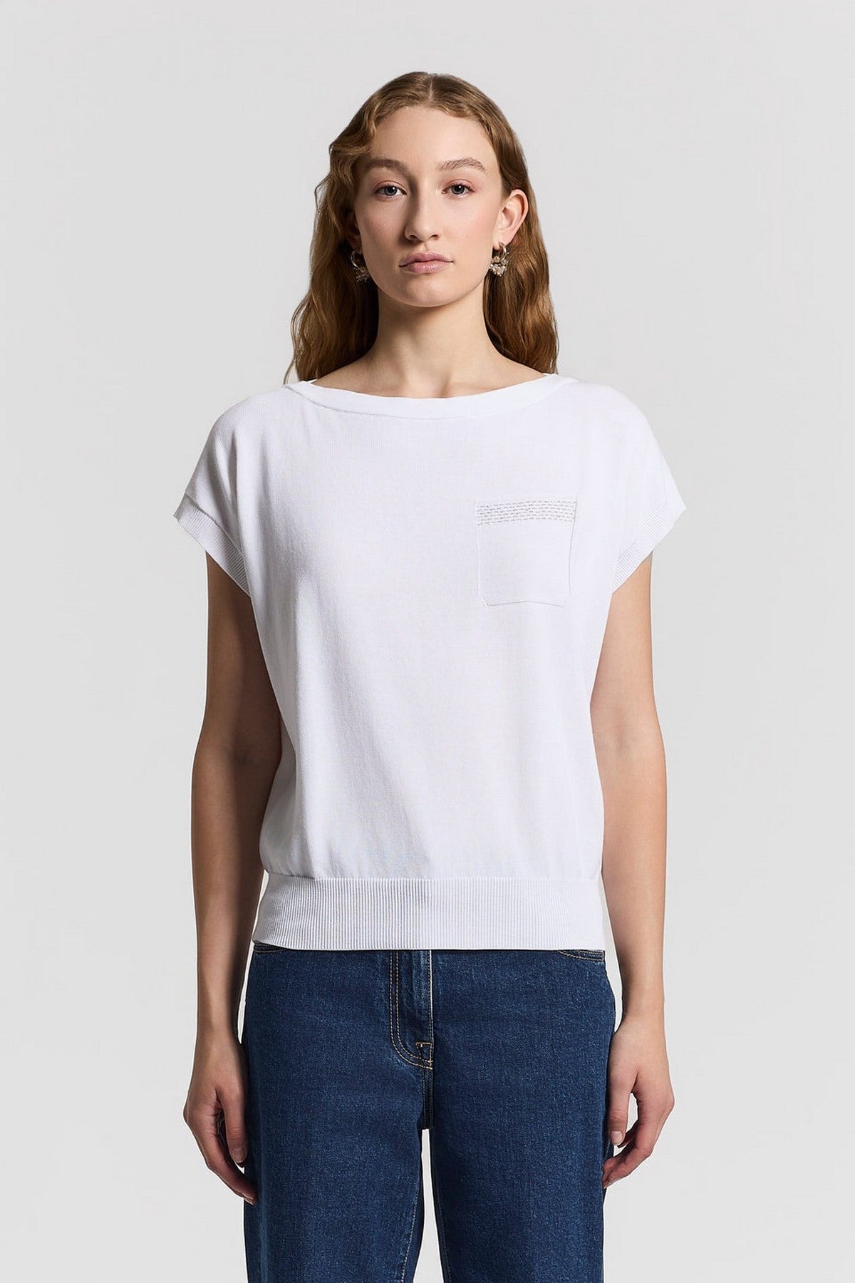 71-A99058F12 Peserico trui van puur crepe katoen in natural white met boothals.