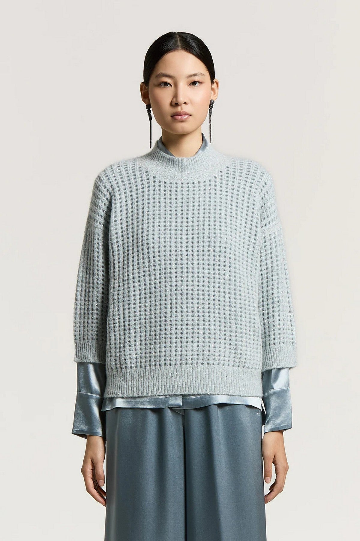 Peserico bouclé trui van alpaca, wol en mohair in Neptune Blue met subtiele micro-pailletten