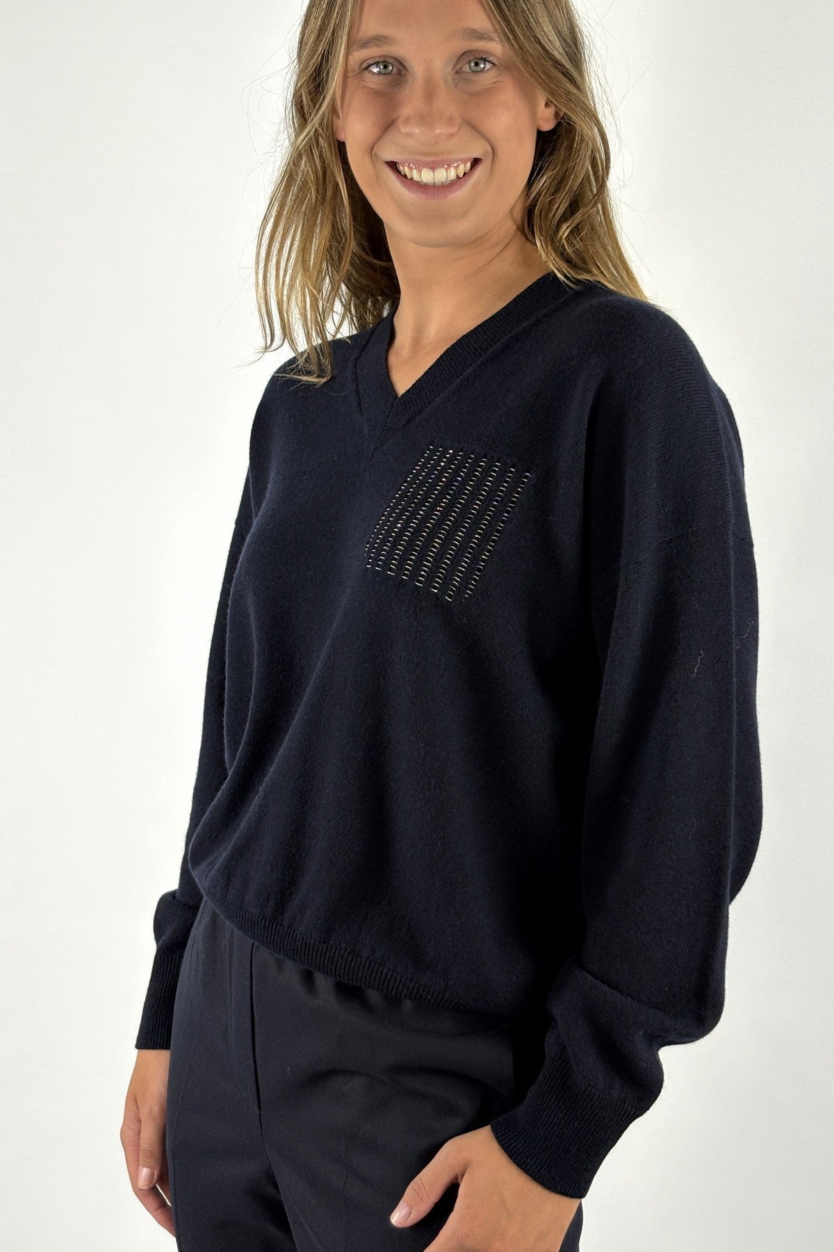 Peserico trui met V-hals in wol, zijde en cashmere – Universe Blue