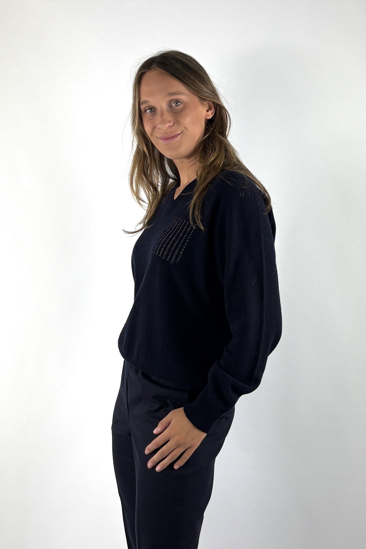 Peserico trui met V-hals in wol, zijde en cashmere – Universe Blue