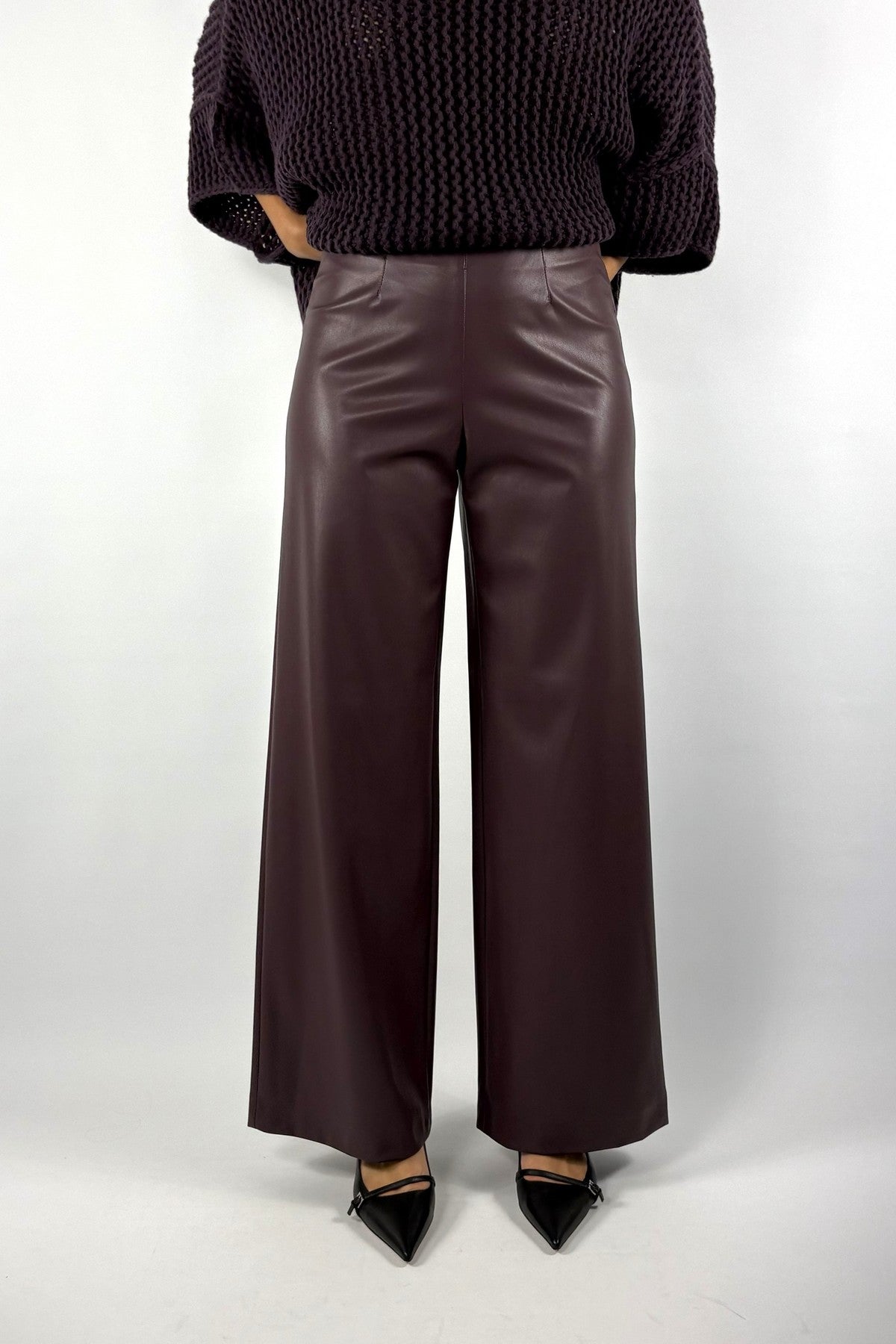 Seductive Kimberly 929628/9052 wide-leg lederlook broek in Barolo met elastische taille