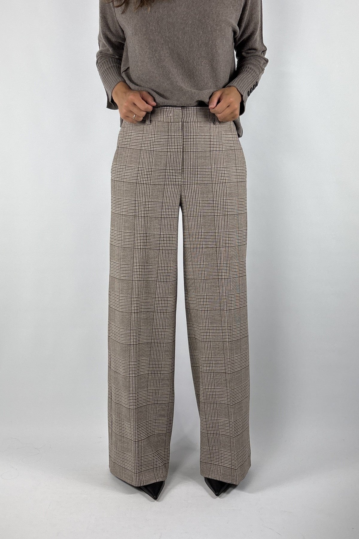 Seductive Shiloh 095090/6911 wide-leg pantalon in Beige Graphical met glencheck patroon en plooien