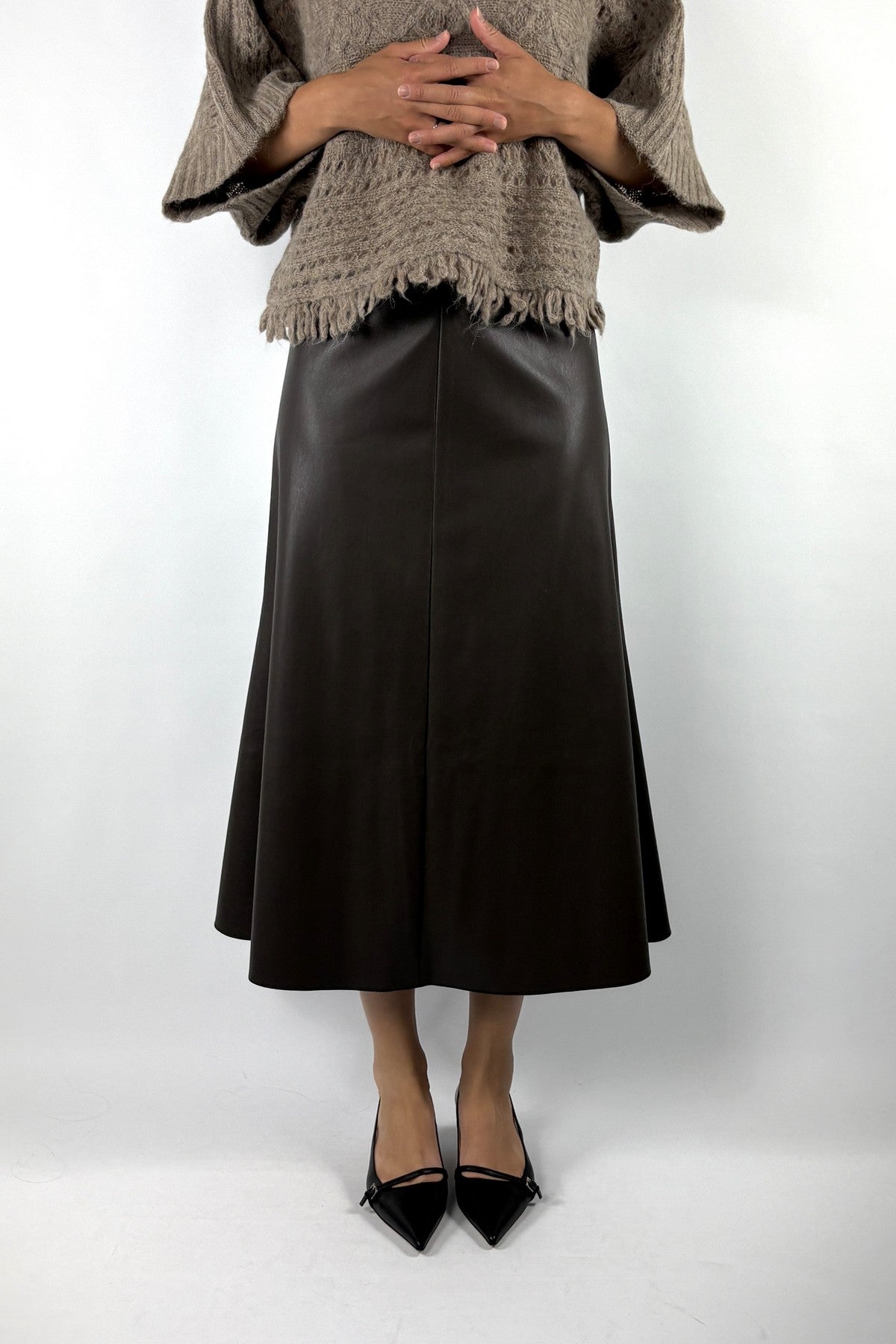 Seductive 094126-9052 midi-rok in zachte lederlook met licht uitlopende pasvorm en elastische tailleband