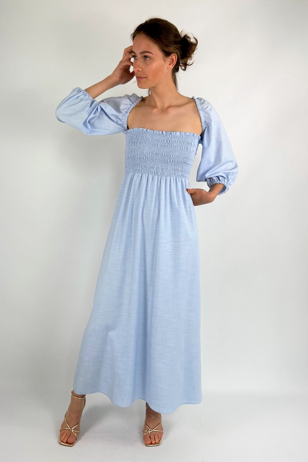 Oscar - Joelle Dress - Kleed lang smockband - skyblue lichtblauw