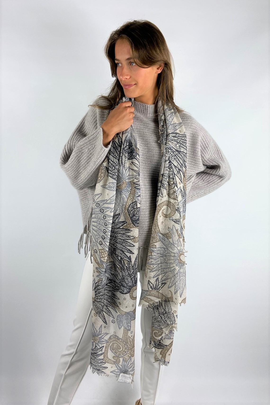 Hemisphere - Inke-BWB 232G - Sjaal jungleprint beige grijs - uitverkocht
