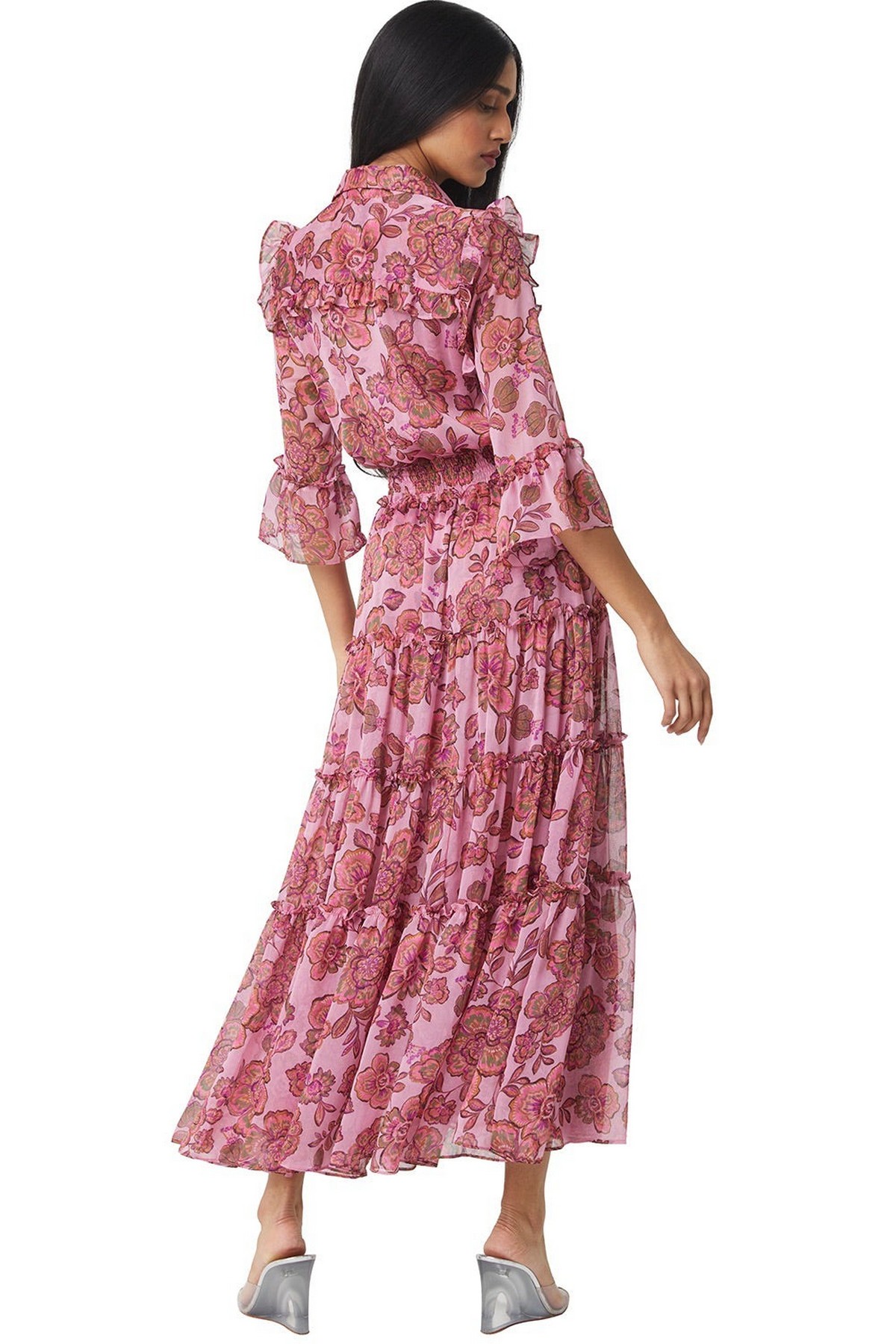 Misa - Pamelina Dress - Kleed lang bloem chiffon zijde roze groen