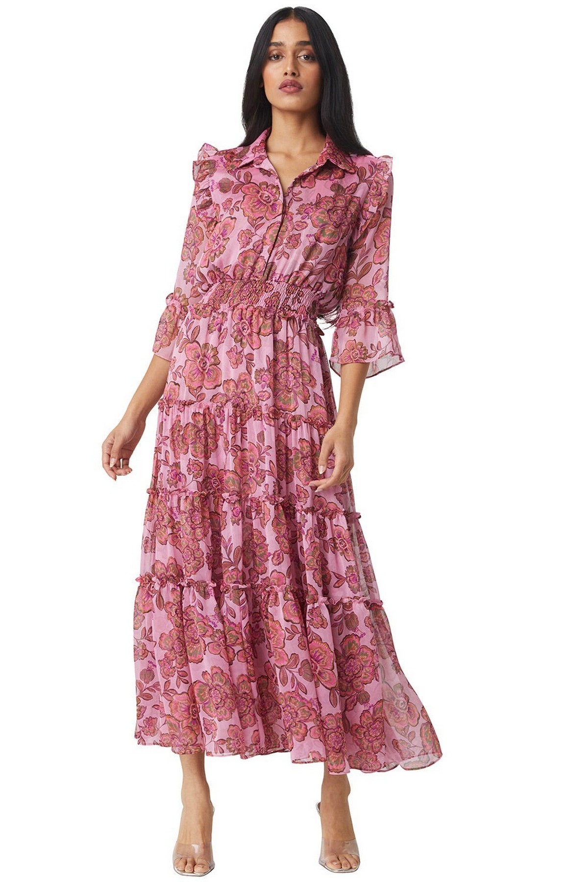 Misa - Pamelina Dress - Kleed lang bloem chiffon zijde roze groen